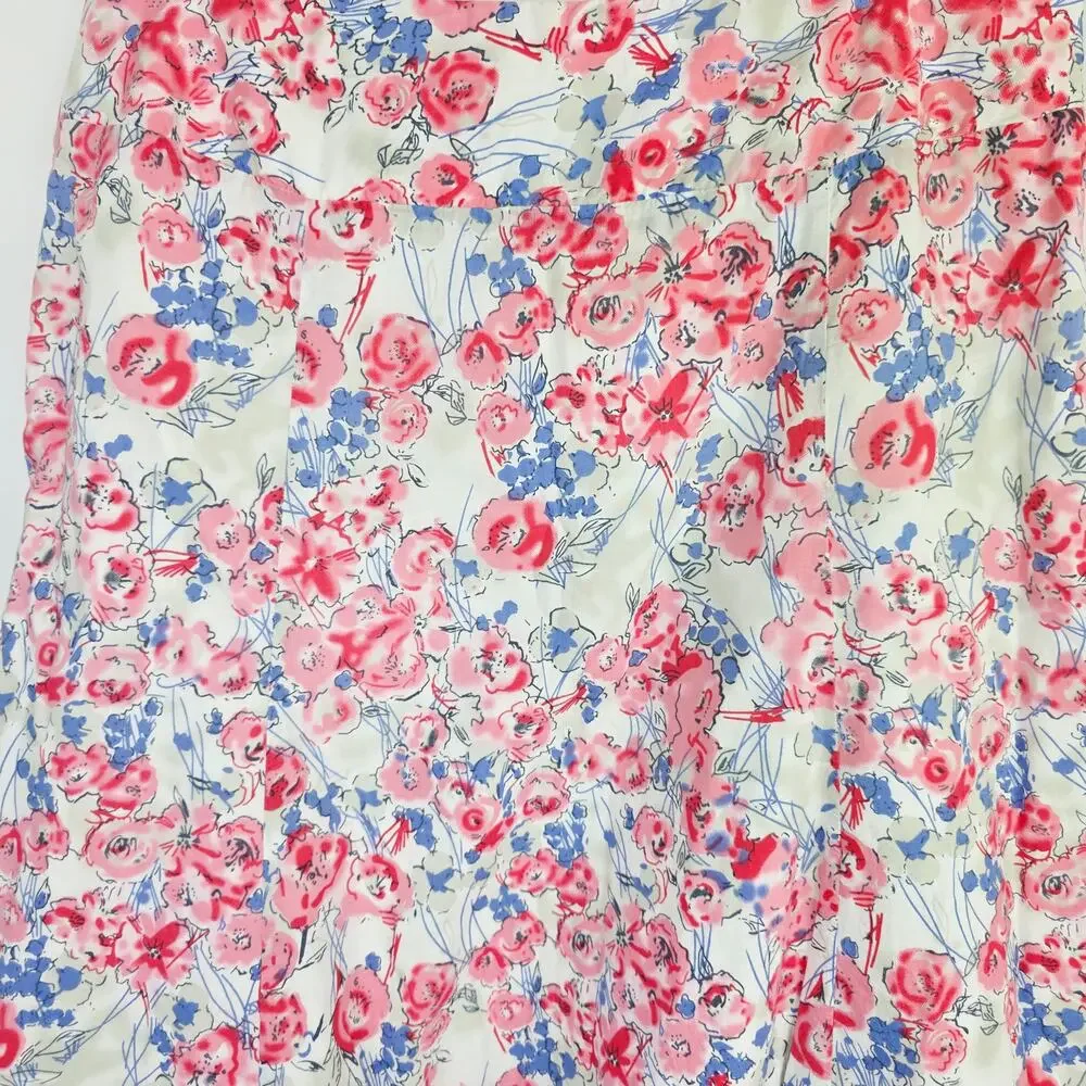 Floral A-Line Skirt Medium White Pink Blue Lace Trim Cottagecore Coquette Girly